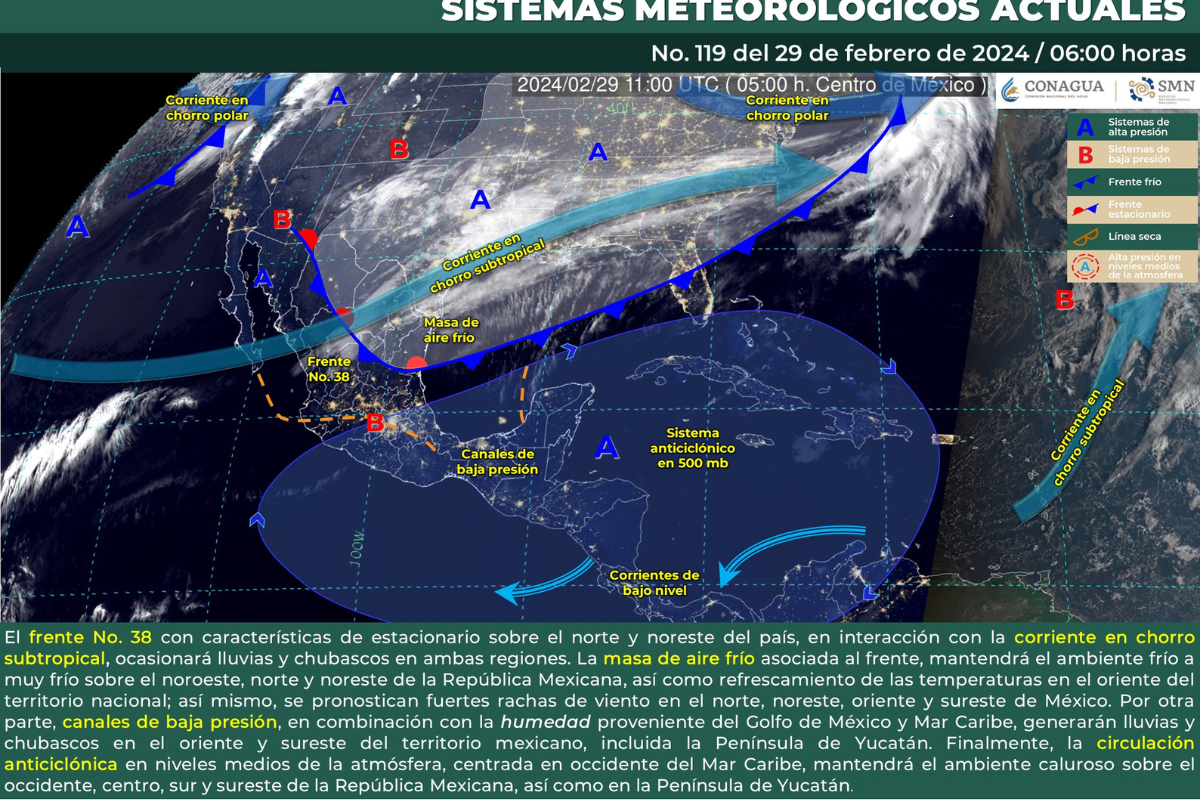 Mapa meteorológico de México del 29 de febrero. Fuente: Servicio Meteorológico Nacional