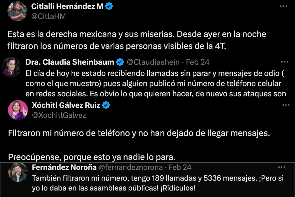 Varios personajes de las esferas altas de la política mexicana resultaron afectadas por las series de filtraciones de números telefónicos. Fuente: X (antes Twitter)
