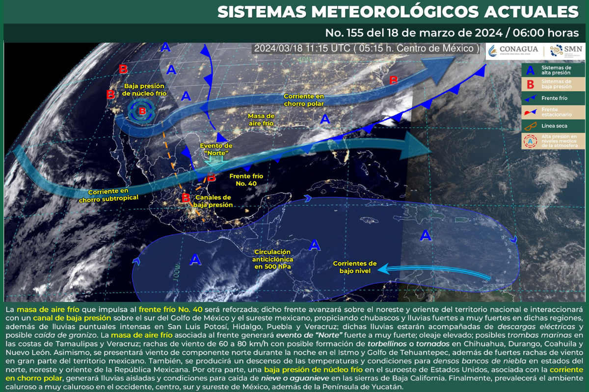 Mapa meteorológico de México del 18 de marzo de 2024. Foto: Servicio Meteorológico Nacional