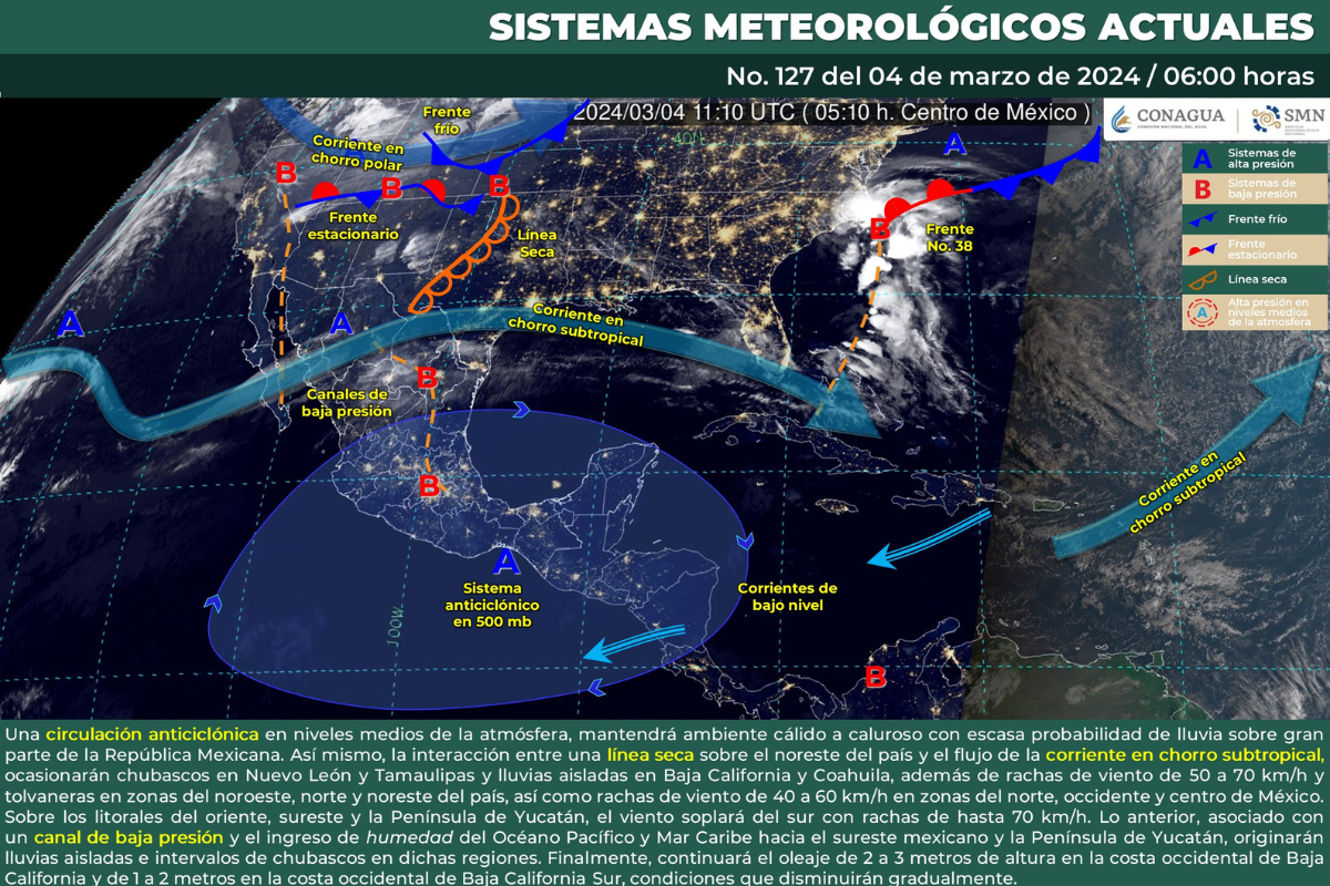 Mapa meteorológico de México del 4 de marzo del 2024. Fuente: Servicio Meteorológico Nacional