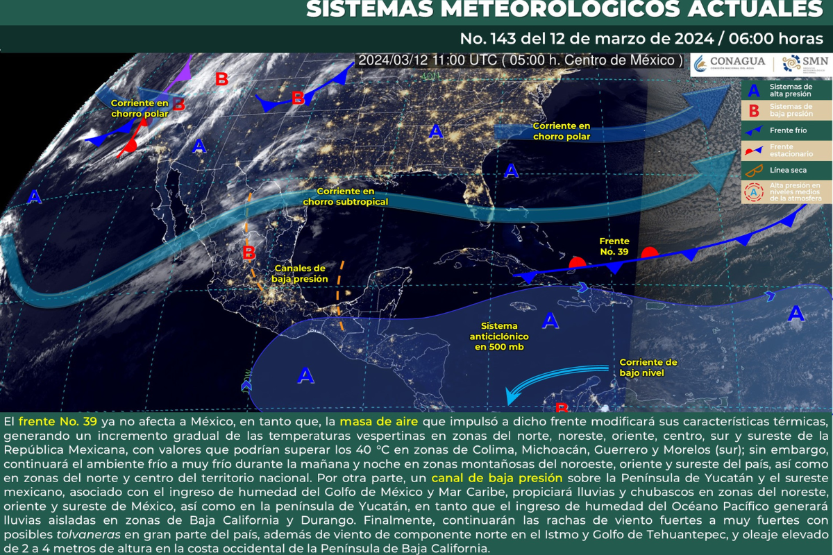 Mapa meteorológico de México del 12 de marzo de 2024. Fuente: Servicio Meteorológico Nacional