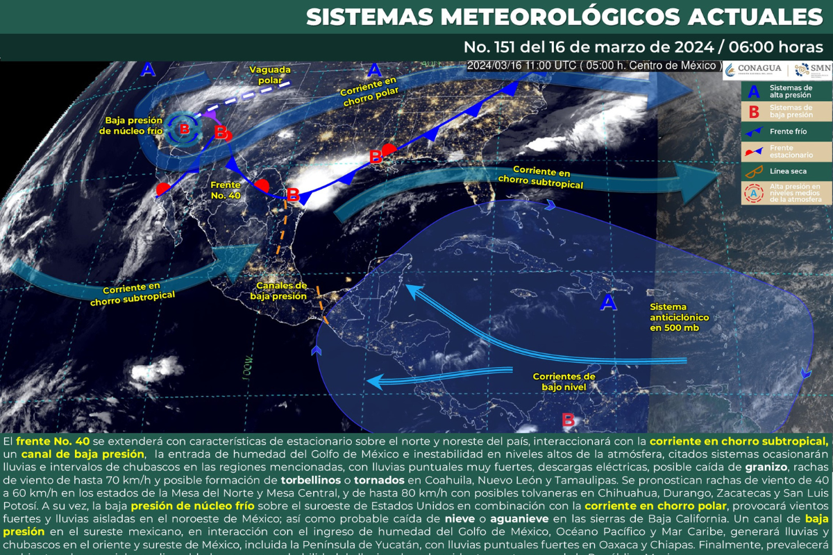 Mapa meteorológico de México del 16 de marzo de 2024. Foto: Servicio Meteorológico Nacional