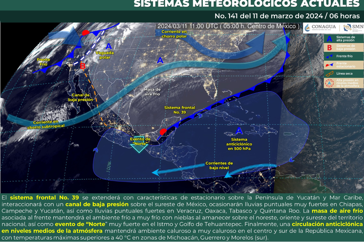 Mapa meteorológico de México del 11 de marzo de 2024. Fuente: Servicio Meteorológico Nacional