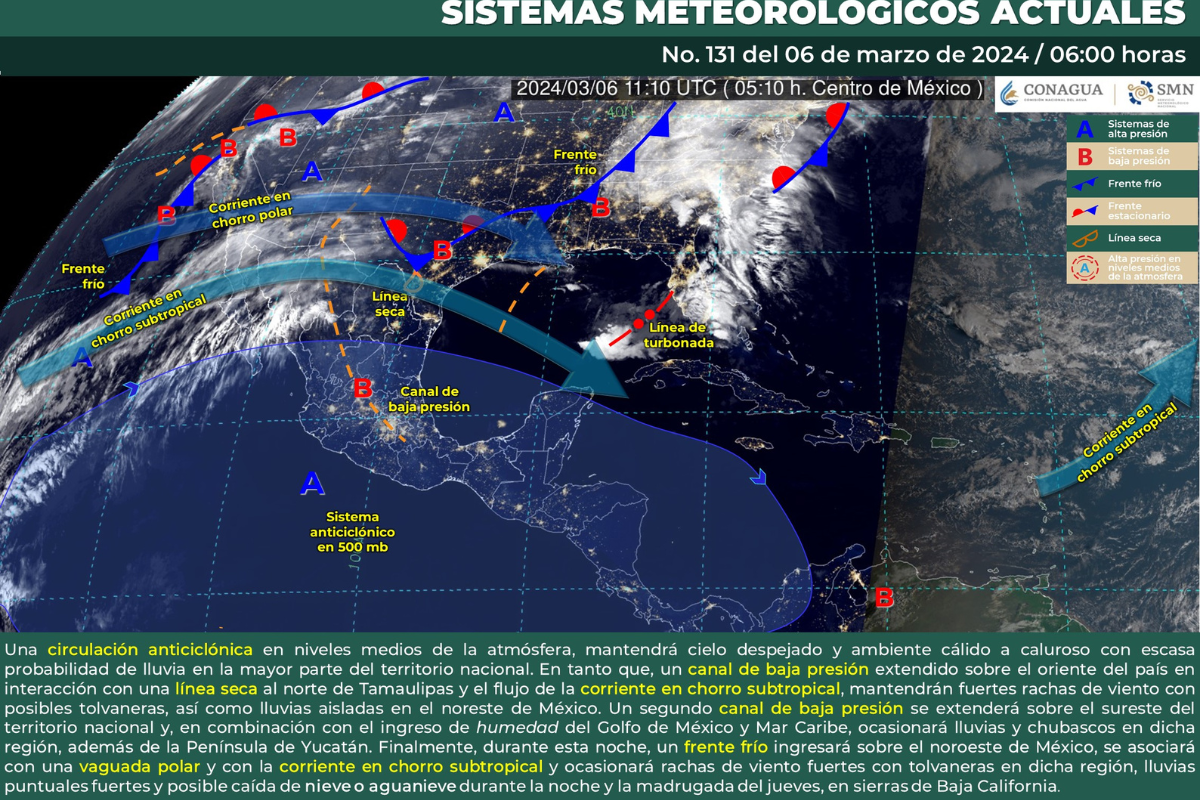 Mapa meteorológico de México del 6 de marzo de 2024. Fuente: Servicio Meteorológico Nacional