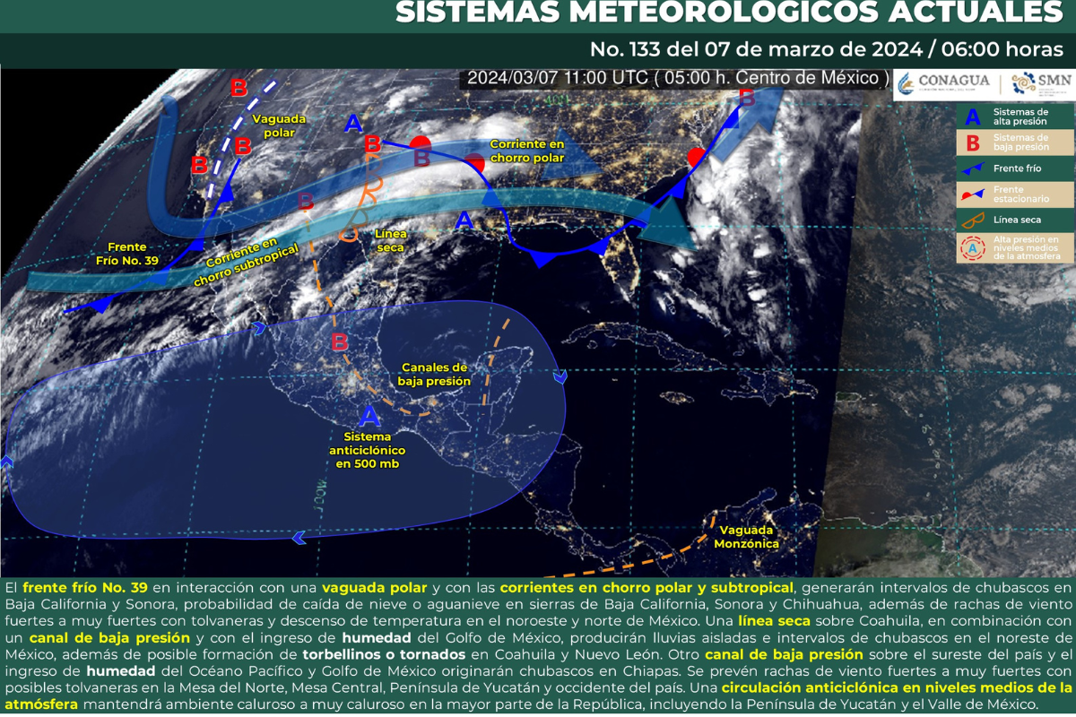Mapa meteorológico de México del 7 de marzo de 2024. Fuente: Servicio Meteorológico Nacional