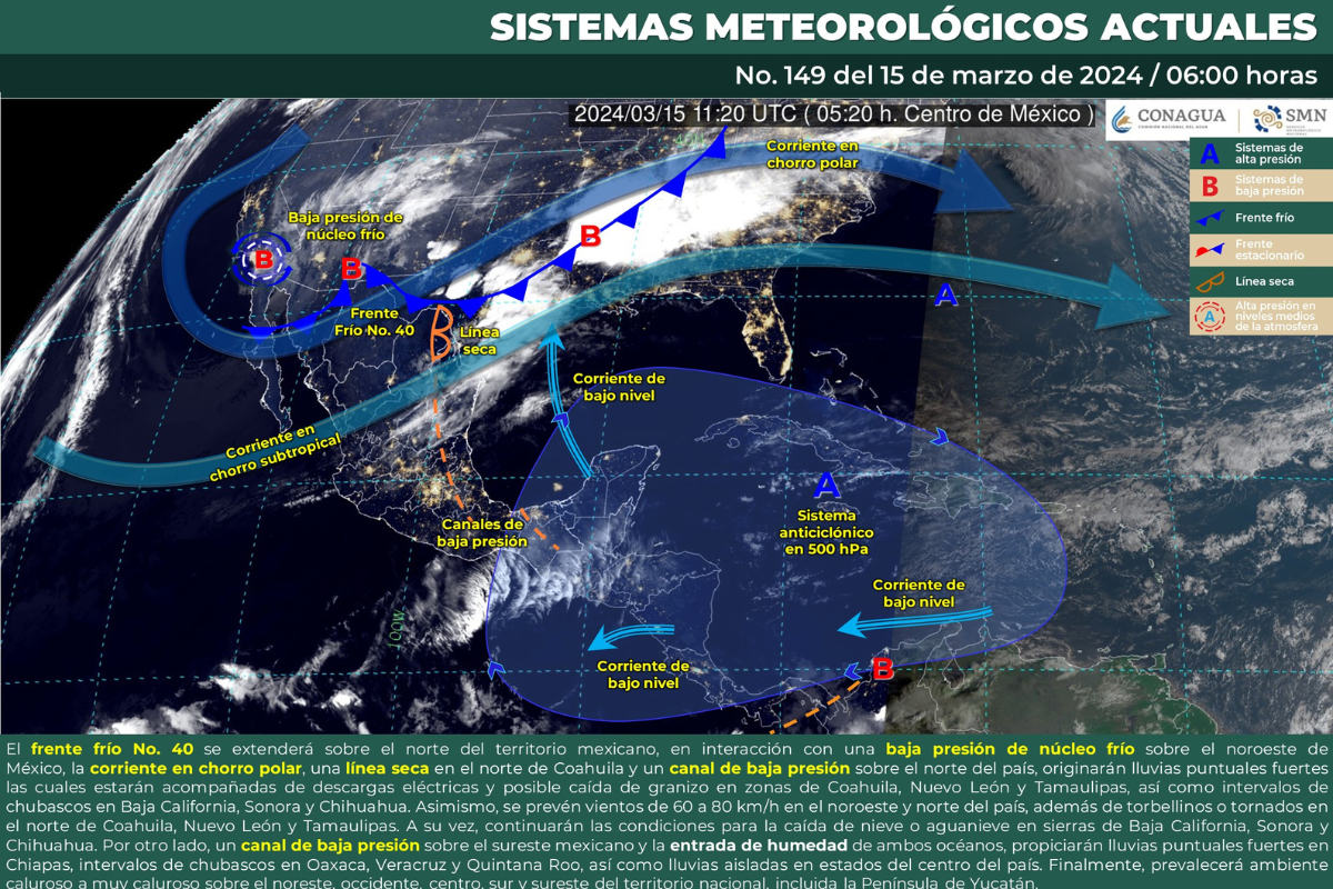 Mapa meteorológico de México del 15 de marzo de 2024. Foto: Servicio Meteorológico Nacional