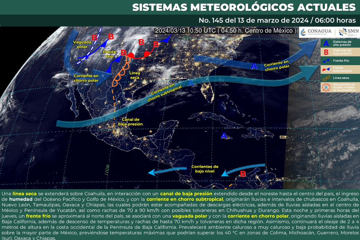 Mapa meteorológico de México del 13 de marzo del 2024. Foto: Servicio Meteorológico Nacional