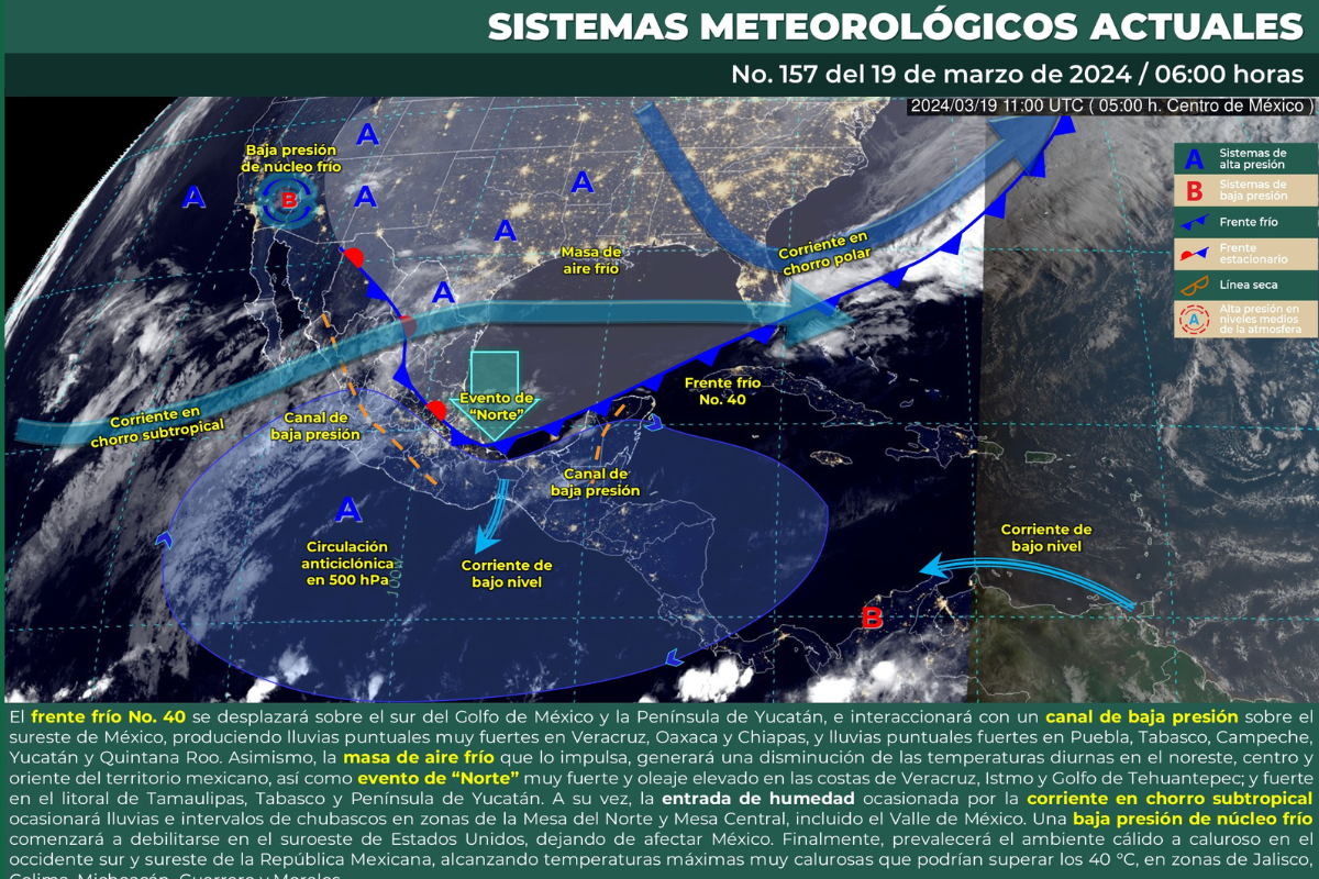 Mapa meteorológico de México del 19 de marzo del 2024. Foto: Servicio Meteorológico Nacional