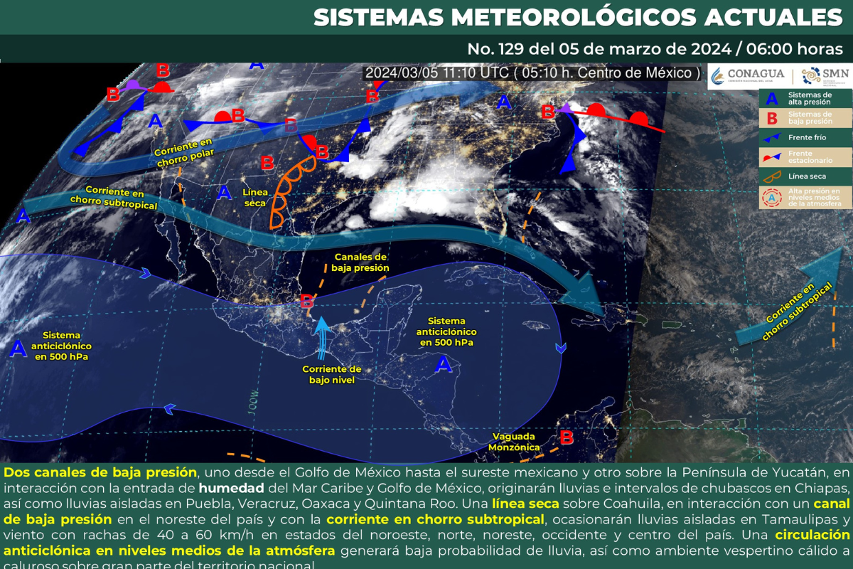 Mapa meteorológico de México del 5 de marzo de 2024. Fuente: Servicio Meteorológico Nacional