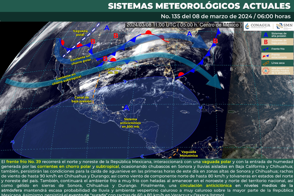 Mapa meteorológico de México del 8 de marzo del 2024. Fuente: Servicio Meteorológico Nacional