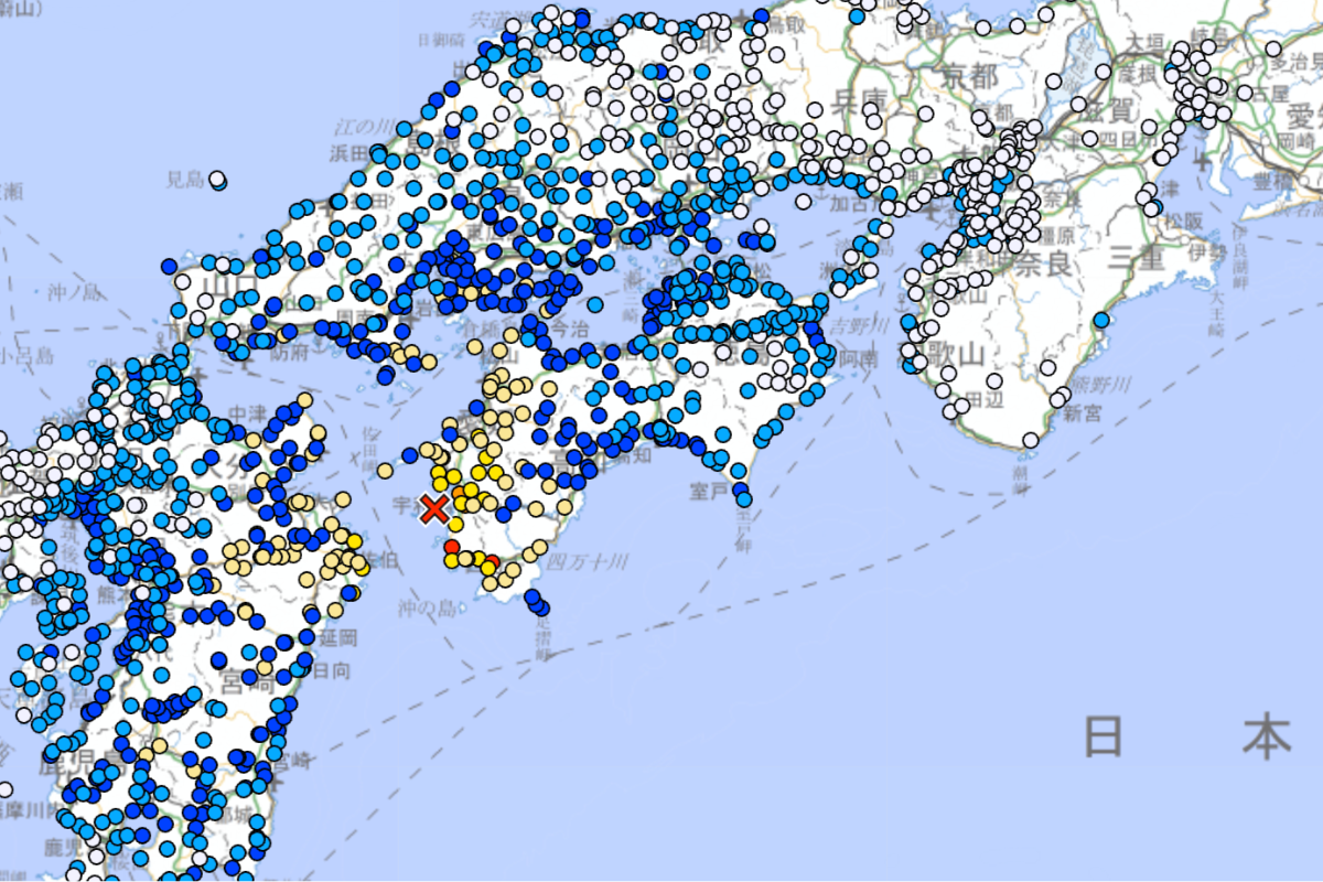 Mapa de la Agencia Meteorológica de Japón sobre el sismo del 17 de abril de 2024. Captura de Pantalla/Agencia Meteorológica de Japón