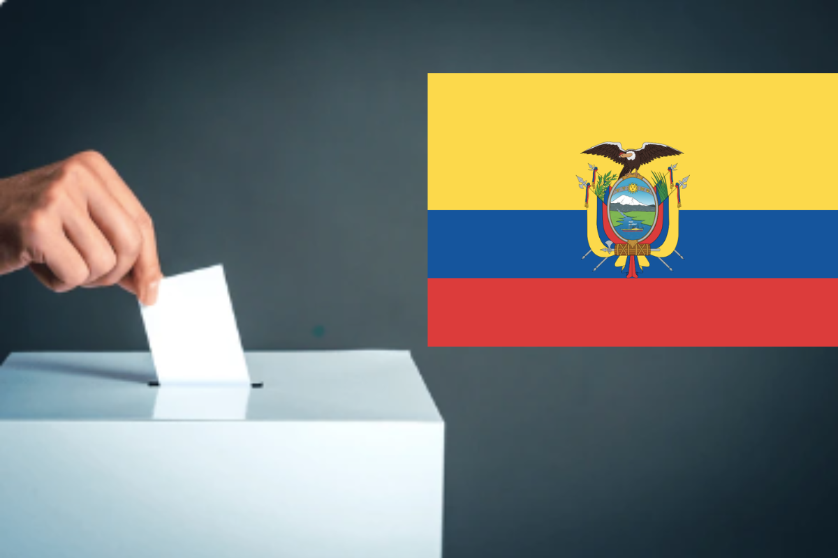Boleta siendo depositada en urna electoral y bandera de Ecuador. Foto: Especial