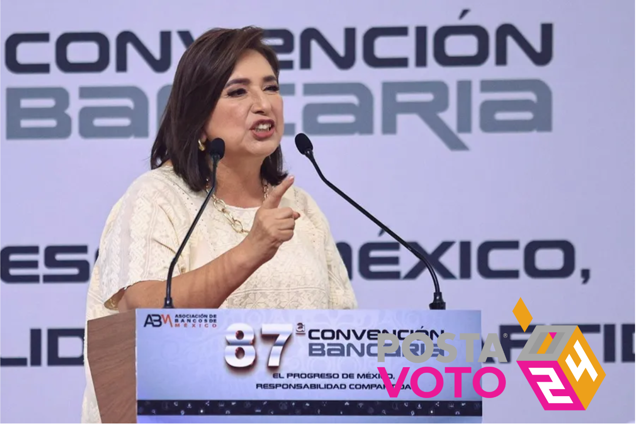 La candidata de la coalición opositora Fuerza y Corazón por México, Xóchitl Gálvez, durante su intervención en la 87 Convención Bancaria. Foto: EFE