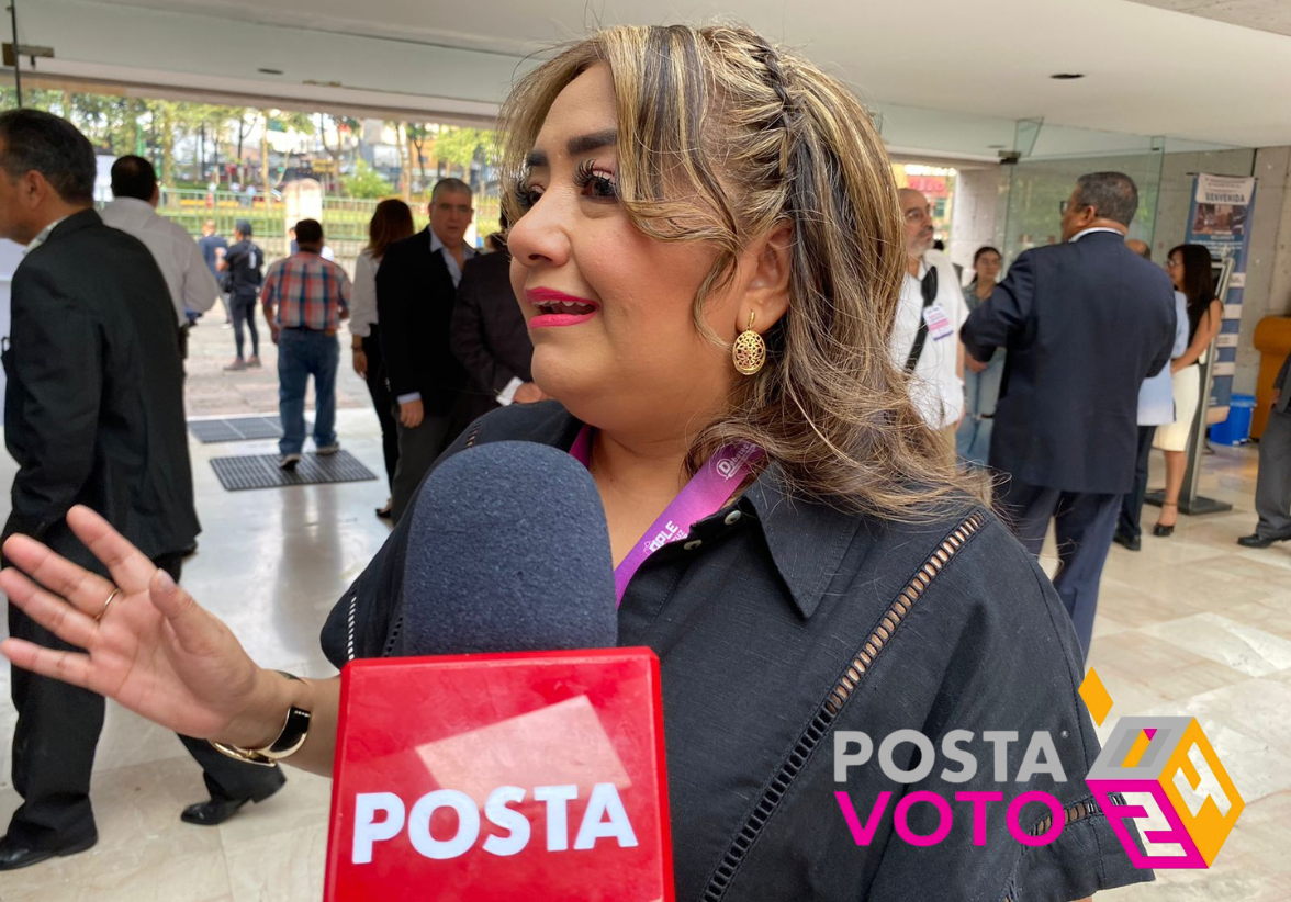 La presidenta del OPLE Veracruz, Marisol Delgadillo, en el debate del pasado 27 de abril de 2024. La funcionaria informó que tiene 6 solicitudes de protección de parte de candidatos a diputados locales. Foto: Rosalinda Morales / POSTA