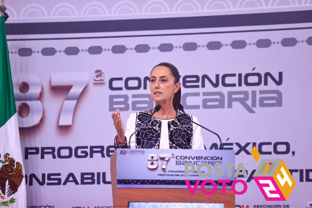 La candidata presidencial del oficialismo en México, Claudia Sheinbaum, durante su intervención en la 87 Convención Bancaria en Acapulco. Foto: EFE