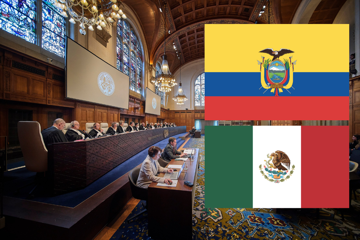 Corte Internacional de Justicia y banderas de Ecuador y México. Foto: Especial
