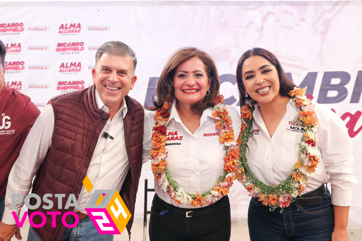 Alma Alcaraz en compañía de la candidata a la alcaldía de Pénjamo, Yozajamby Molina y el candidato a senador, Ricardo Sheffield, durante un evento en Pénjamo, Guanajuato. Foto: Salvador Pacheco / POSTA