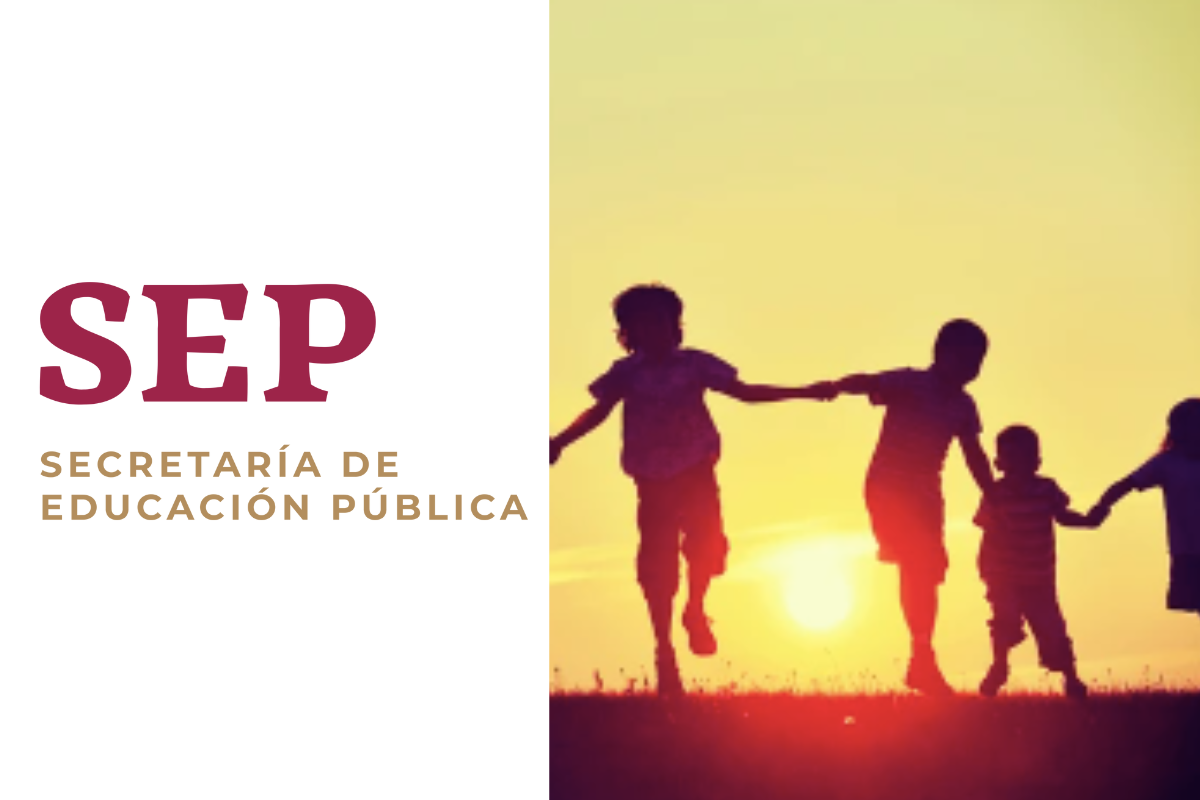 Logo de la Secretaría de Educación Pública de México y niños tomados de la mano a contraluz del sol. Foto: Especial