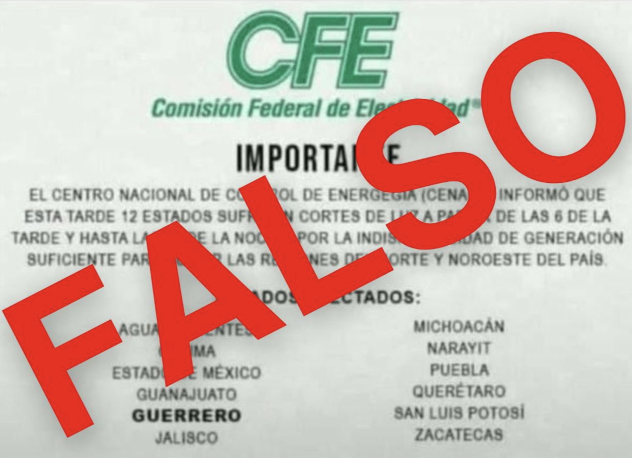 Alerta CFE con una imagen de noticias falsas de apagones en el país. Foto: CFE