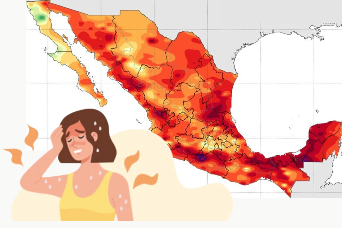 Dibujo de chica acalorada y mapa de México que marca las mayores temperaturas del país. Foto: Especial/@conagua_clima