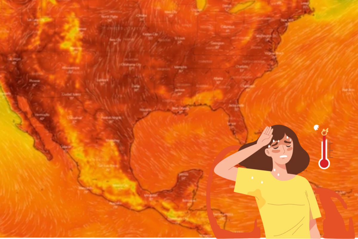 Mapa de México y parte de EEUU y el Caribe, junto a ilustración de persona con calor. Foto: Especial