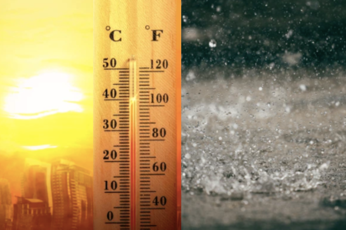 Un termómetro que marca los 40 °C, situado frente a una ciudad y un sol en tonos anaranjados; lluvia muy fuerte cayendo sobre el piso. Foto: Especial