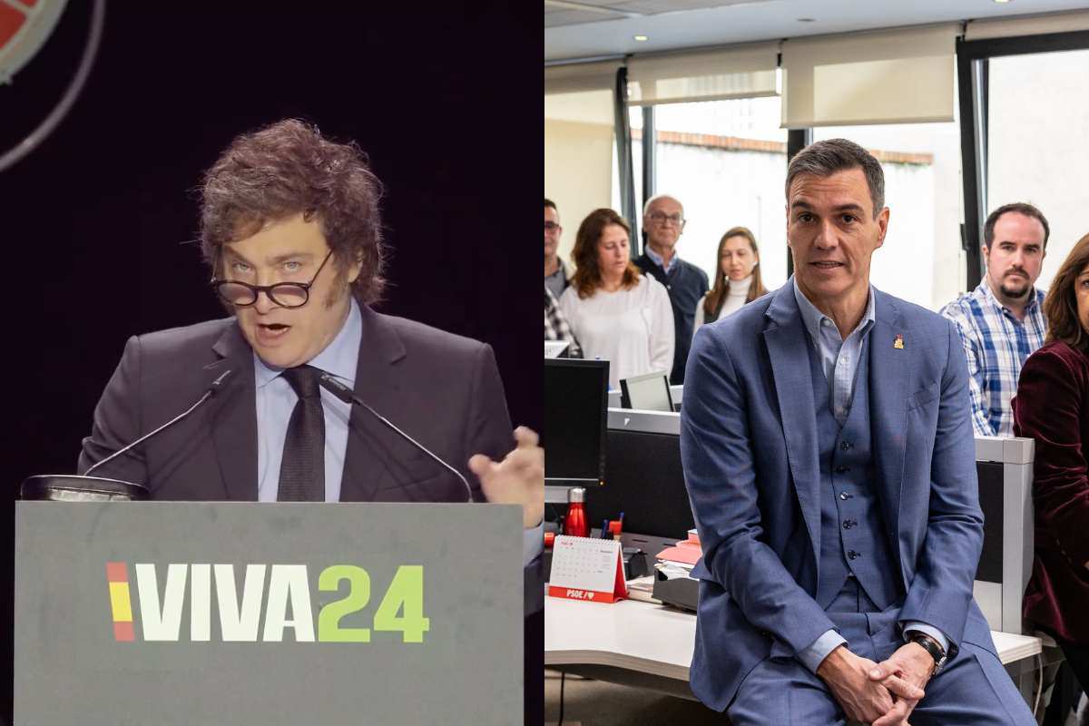 Javier Milei en el estrado de Viva 24 y Pedro Sánchez sentado sobre un escritorio. Foto: Especial