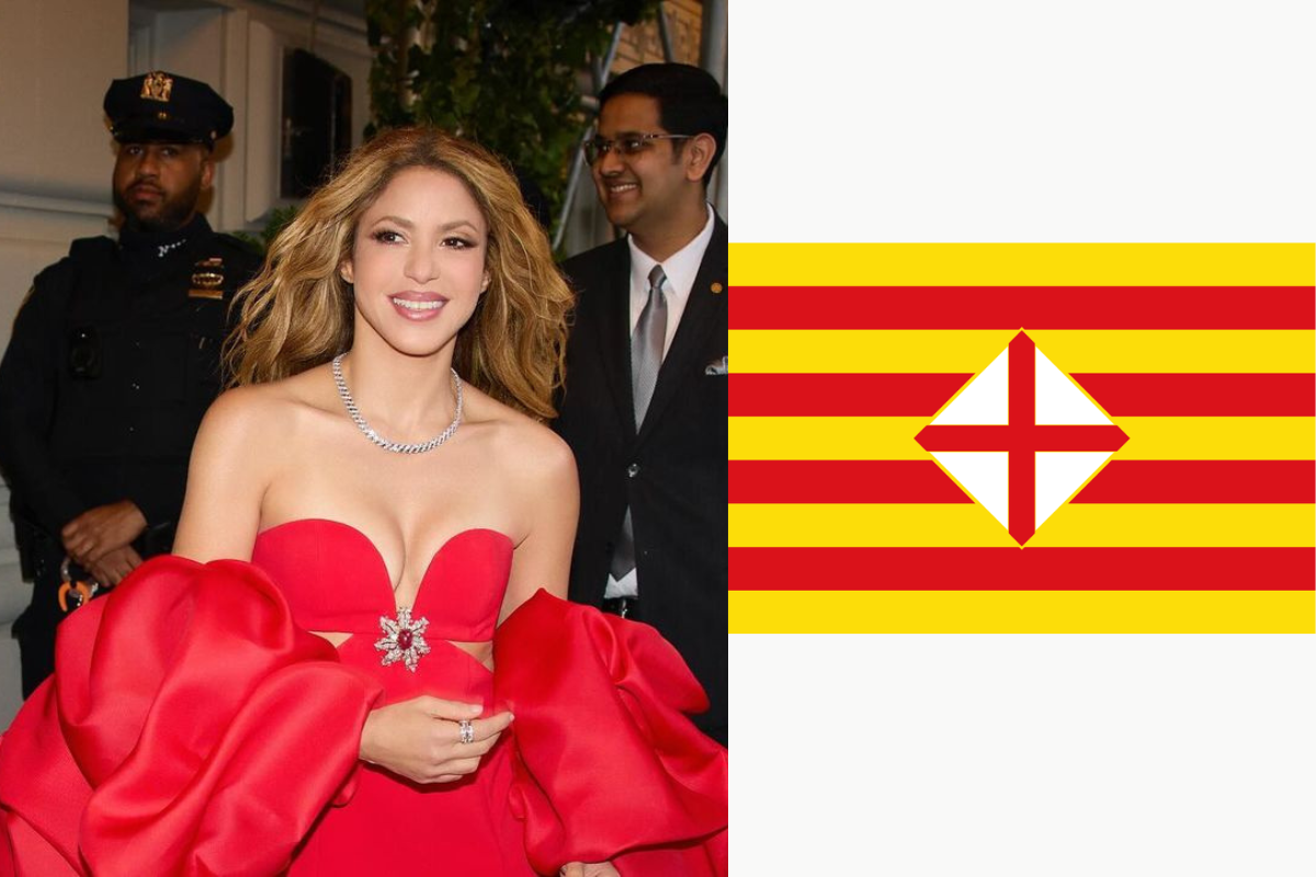 Shakira en la Met Gala de 2024 y escudo de la Fiscalía Provisional de Barcelona. Foto: Especial