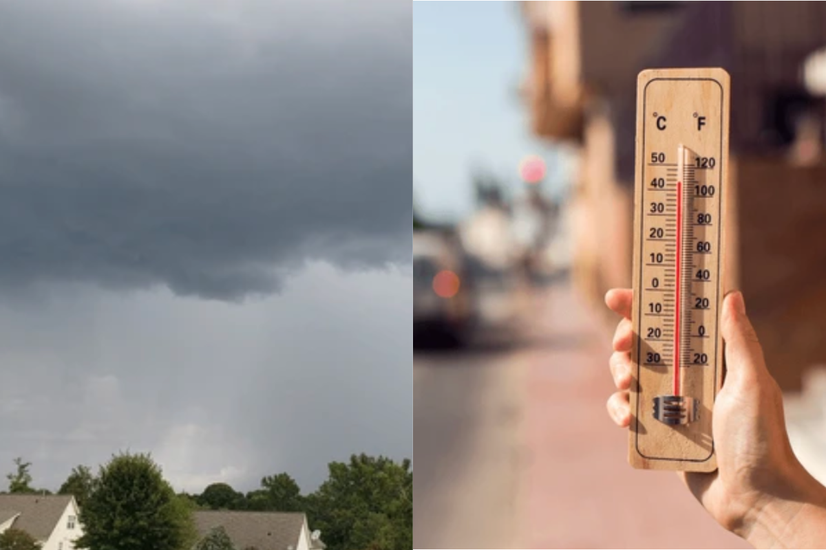Nube de frente frío y mano que sostiene un termómetro que marca temperatura superior a 40 °C en una calle. Foto: Especial