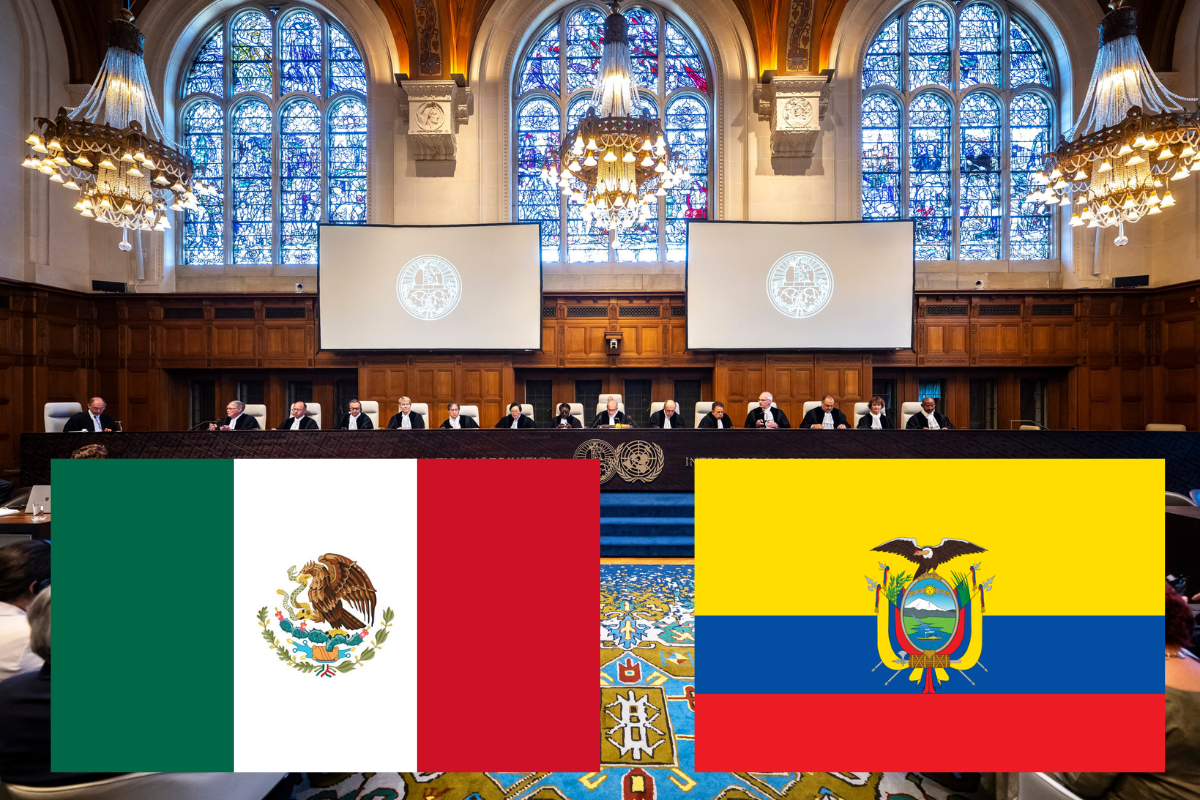 Foto de la Corte Internacional de Justicia en su sesión del jueves 22 de mayo y las banderas de México y Ecuador. Foto: Especial