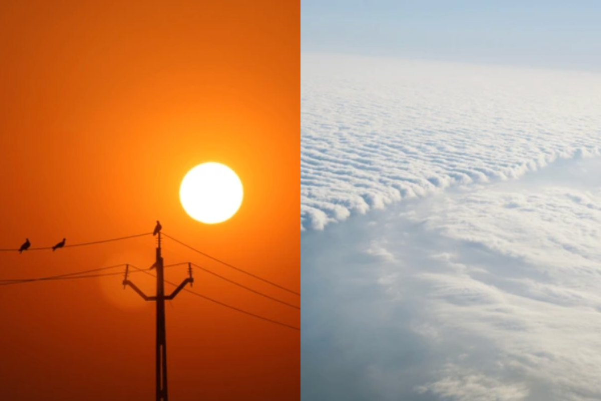 Foto del sol frente a cables de luz sobre los que posan aves, bajo tonos anaranjados, y la foto de una masa de aire frío. Foto: Especial