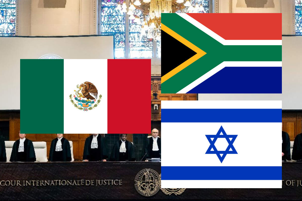 Banderas de México, Sudáfrica e Israel y al fondo foto de la Corte Internacional de Justicia. Foto: Especial