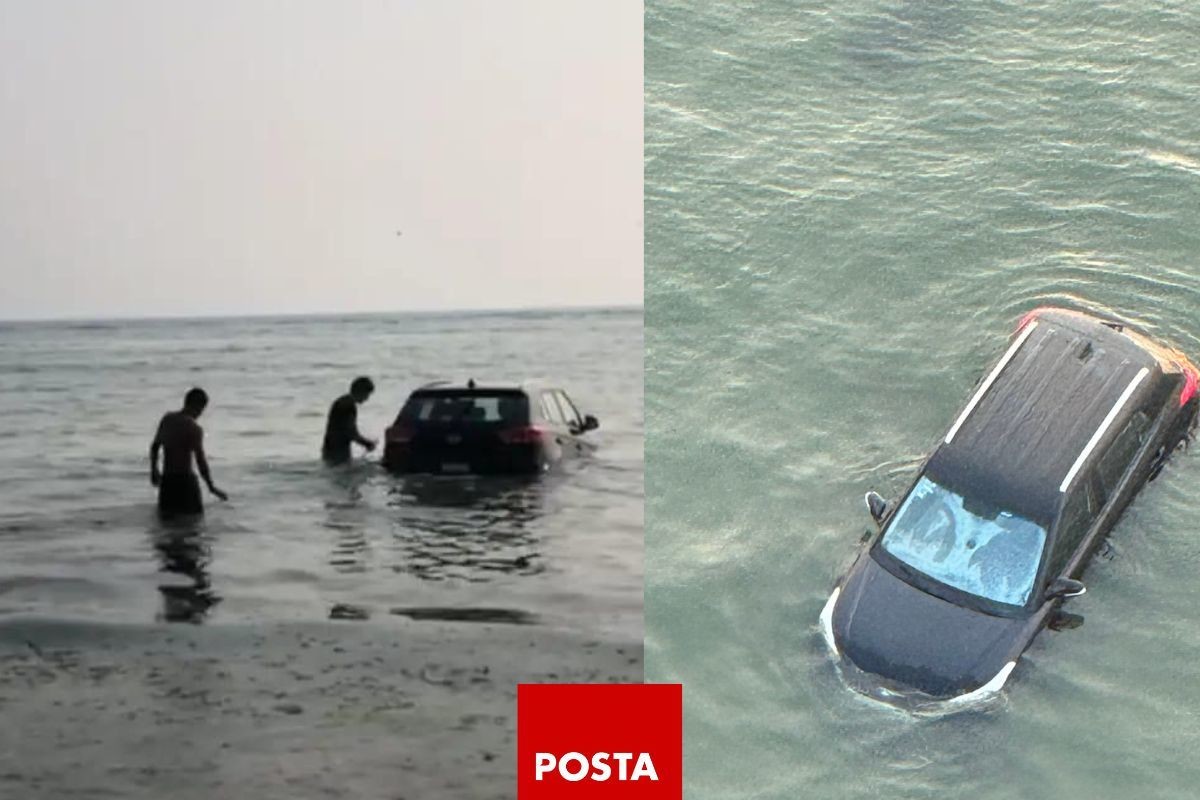 Paseantes reportan camioneta dentro del mar en Veracruz. Foto: Protección Civil del municipio de Boca del Río