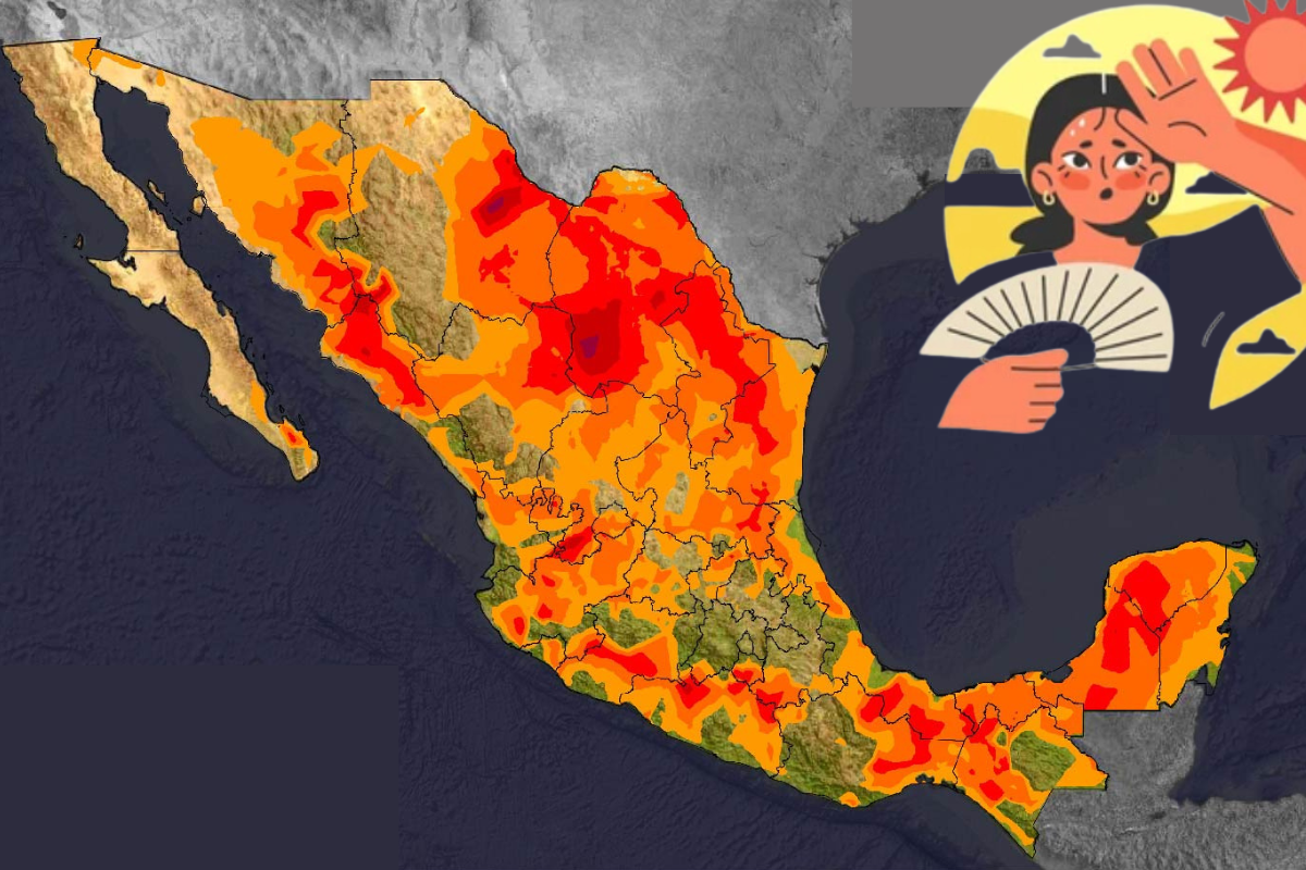 Mapa de México donde se registran las temperaturas altas más dibujo en vectores de una mujer acalorada. Foto: Especial