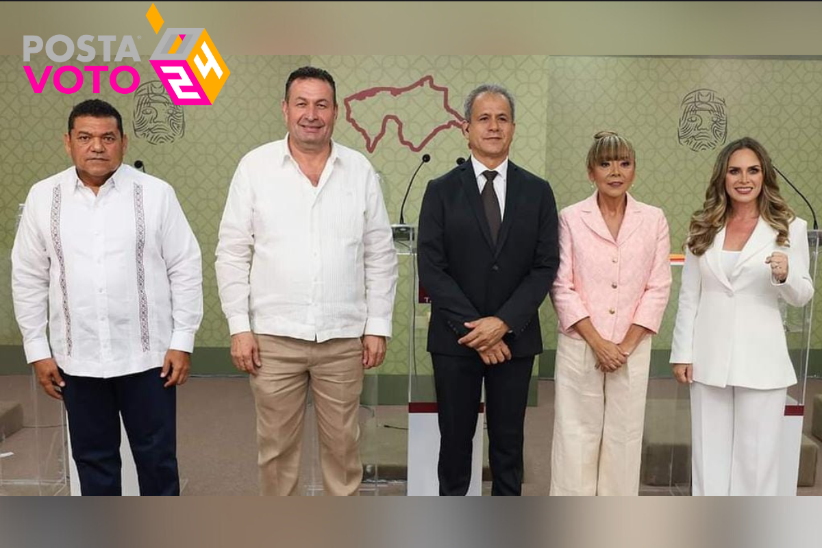 Las cuatro candidaturas durante el segundo debate para la gubernatura de Tabasco. Foto: Especial