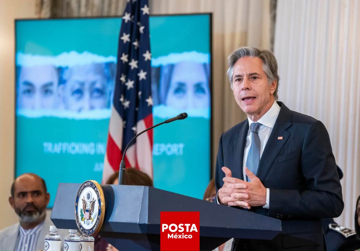 El secretario de Estado de EUA, Antony Blinken, habla durante la presentación del Informe sobre la trata de personas en el mundo, este 24 de junio de 2024, en Washington. Foto: EFE