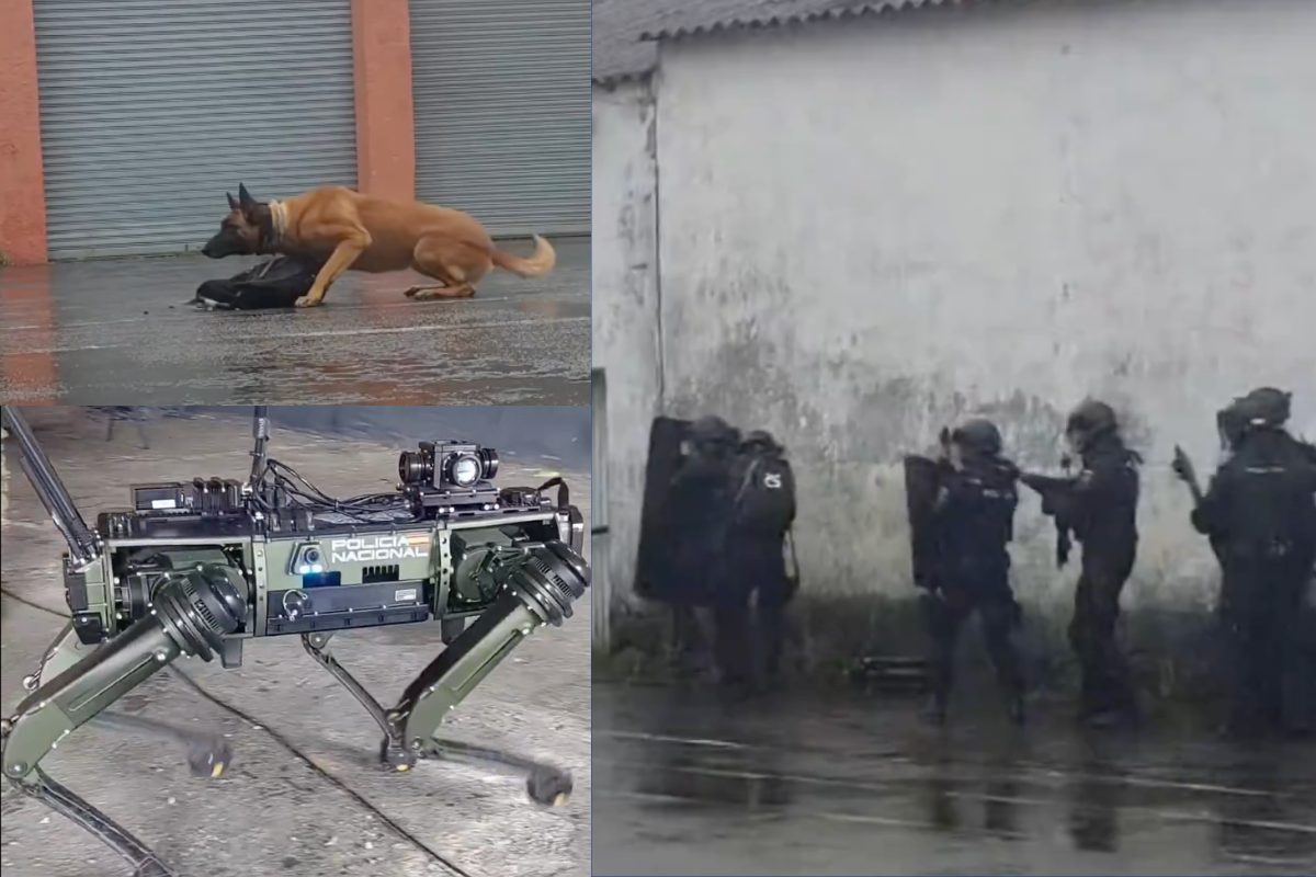 Perro antimotín, unidad robótica y policías dentro de la Operación Optimus. Foto: Especial