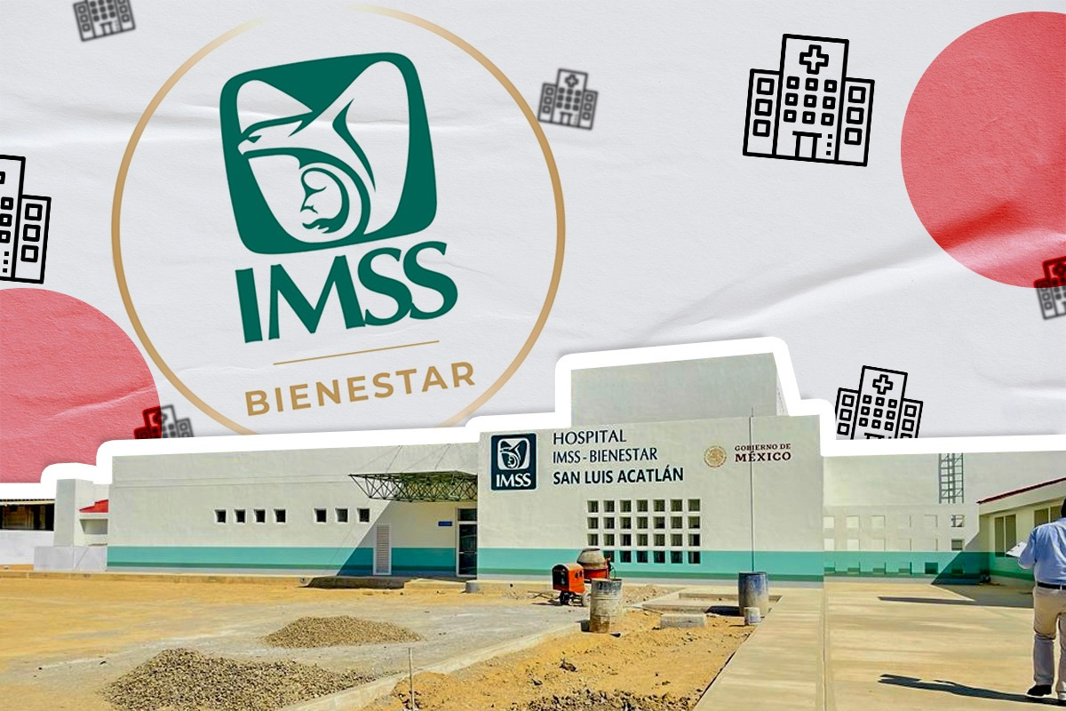 Instalaciones en obras, logo del IMSS-Bienestar y dibujos en vectores de hospitales. Foto: Sheila Gutiérrez