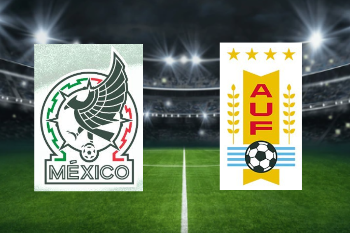 Escudo de la Selección Nacional de México y de la Asociación Uruguaya de Fútbol sobre un campo de juego. Foto: Especial