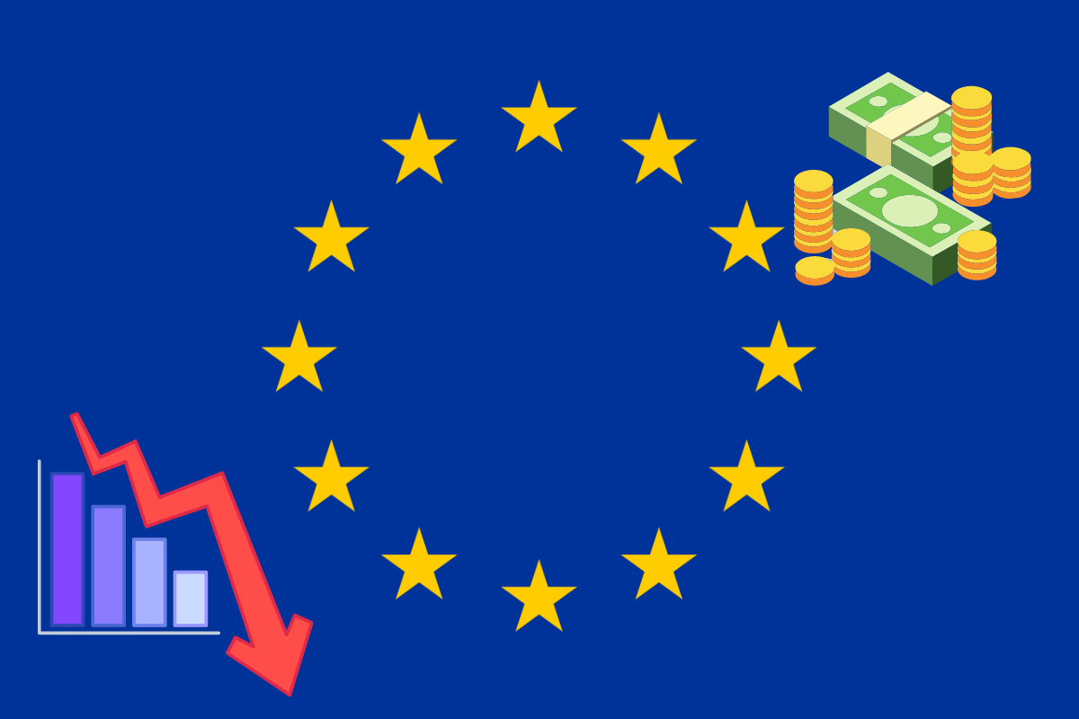 Bandera de la Unión Europea con dibujos en vectores de dinero y baja en valores. Foto: Especial