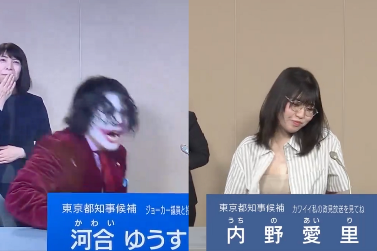 Candidato a gubernatura de Tokio se disfraza de Joker y su contrincante se quita la blusa en pleno debate. Foto: Captura