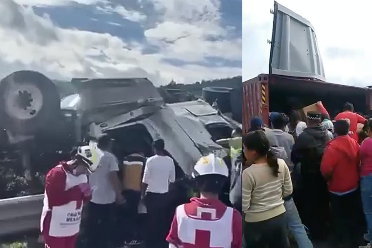 Unidades de Emergencia actuando en rescate de conductor y personas robando el interior de la caja del tráiler. Foto: Especial