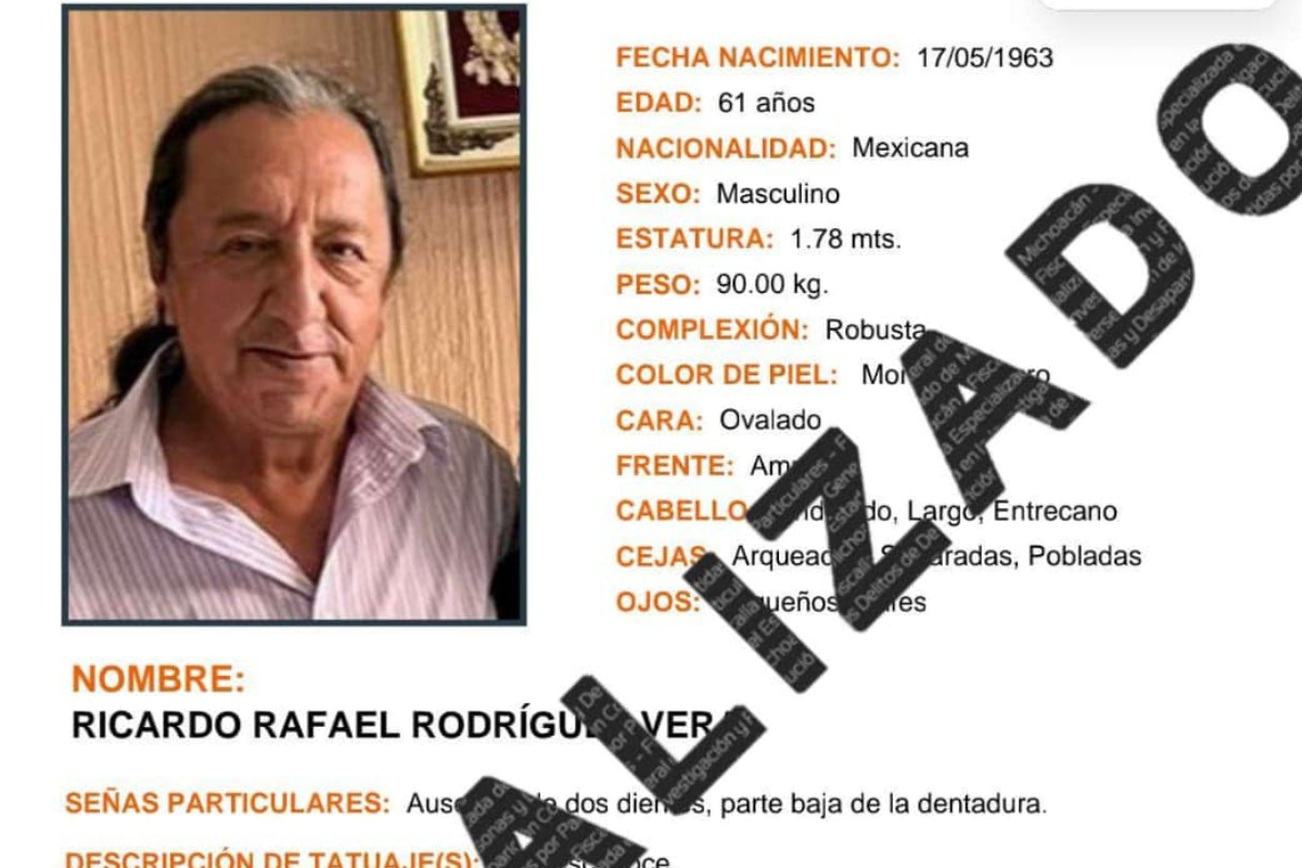 Ficha de búsqueda de Ricardo Rafael Rodríguez Vera con la leyenda de 'Localizado'. Foto: Especial