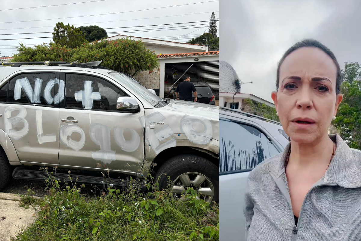 Una de las camionetas vandalizadas y retrato de María Corina Machado. Foto: Especial