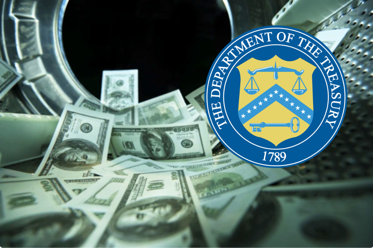 Dólares dentro de una lavadora y el logo del Departamento del Tesoro de EEUU. Foto: Especial