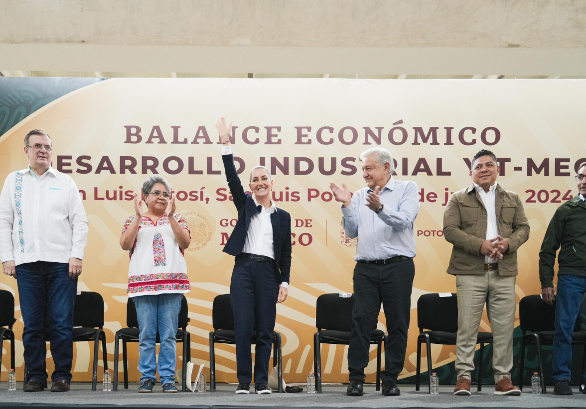 Durante una visita a San Luis Potosí, Claudia Sheinbaum subrayó la igualdad en las negociaciones con EE.UU. y anunció un tren México-SLP, buscando el bienestar y el progreso económico del país. Foto: Cortesía