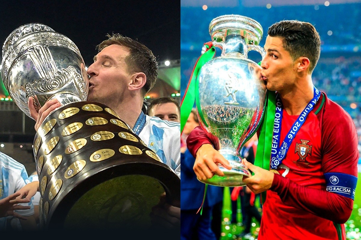 Lionel Messi besando la Copa América y Cristiano Ronaldo besando la Eurocopa Foto: Especial