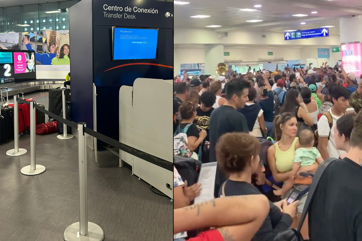 Instalaciones de Aeroméxico en el AICM con la 'pantalla azul' y aeropuerto de Cancún desbordado por pasajeros a la espera de solución por caída de sistemas. Foto: Especial