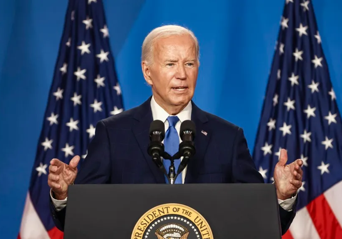 El presidente estadounidense Joe Biden habla durante el 75º Aniversario de la Cumbre de la Organización del Tratado del Atlántico Norte (OTAN) en el Centro de Convenciones Walter E. Washington en Washington, DC, Estados Unidos, 10. Julio de 2024. Foto: EFE