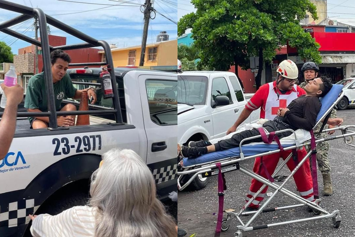 Irving Acosta Reyes siendo arrestado y el agresor siendo llevado por servicios médicos. Foto: Especial